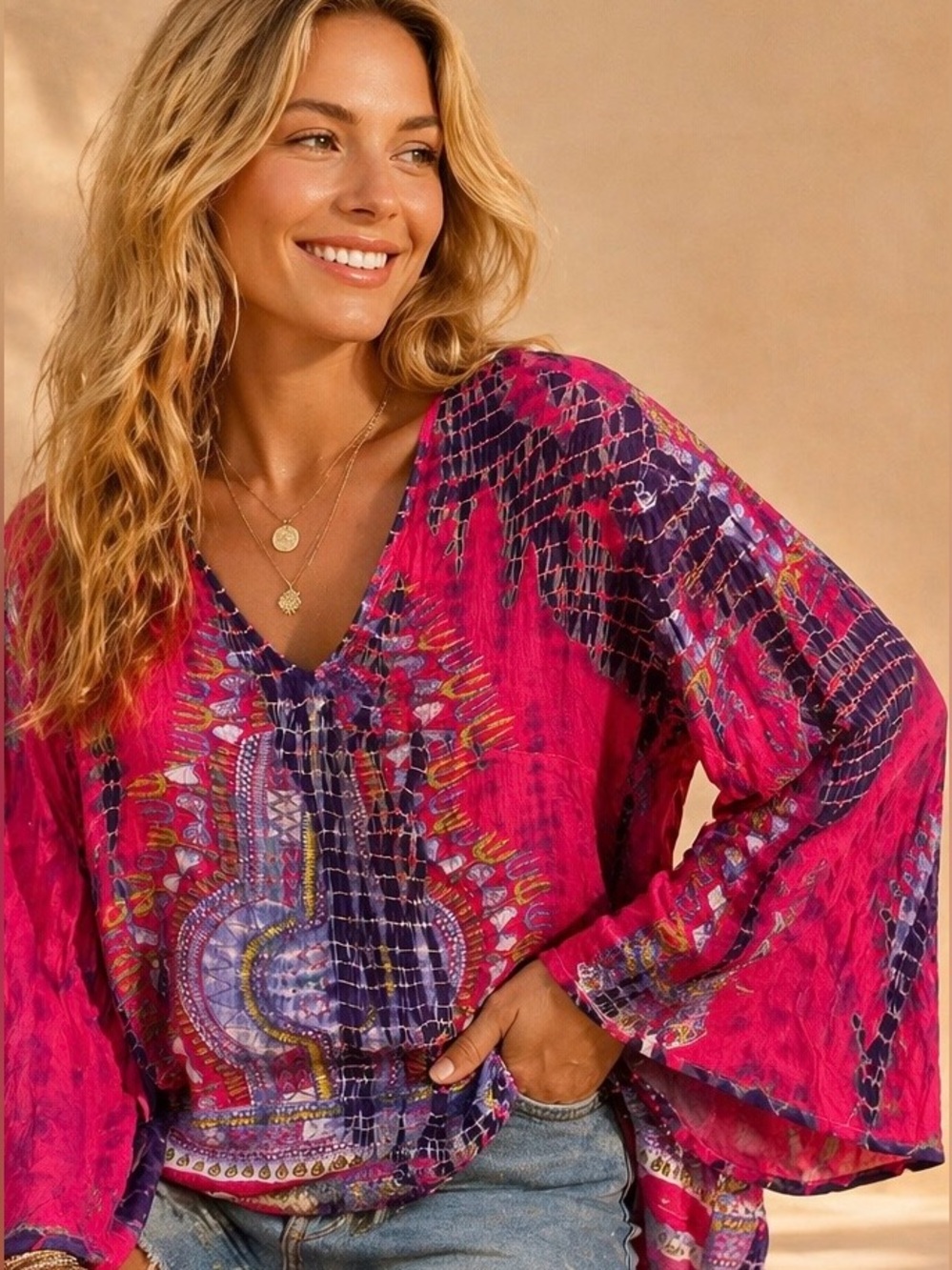 Greater Good Pink Boho Tie Dye Bell Sleeve Blouse Tunic Top Women’s Flowy Festiv